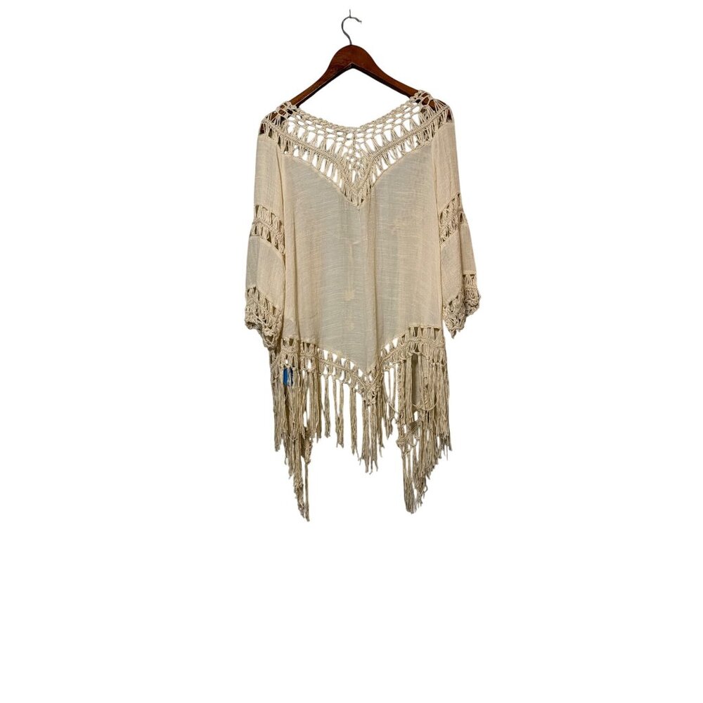 NWT Cupshe Beige Crochet Fringe Cover-Up Kimono OS Boho Swimsuit Bathingsuit - Picture 2 of 6